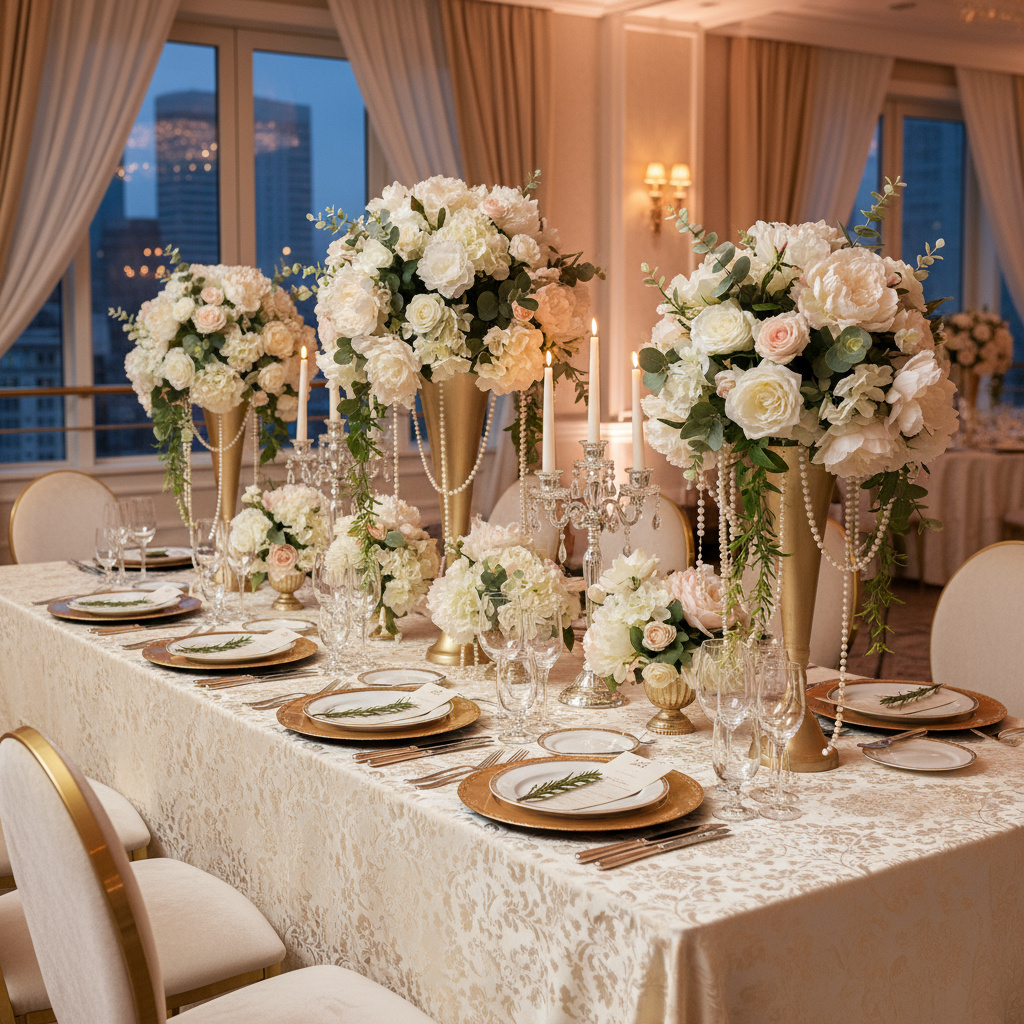 Elegant event table with artificial flower centerpieces