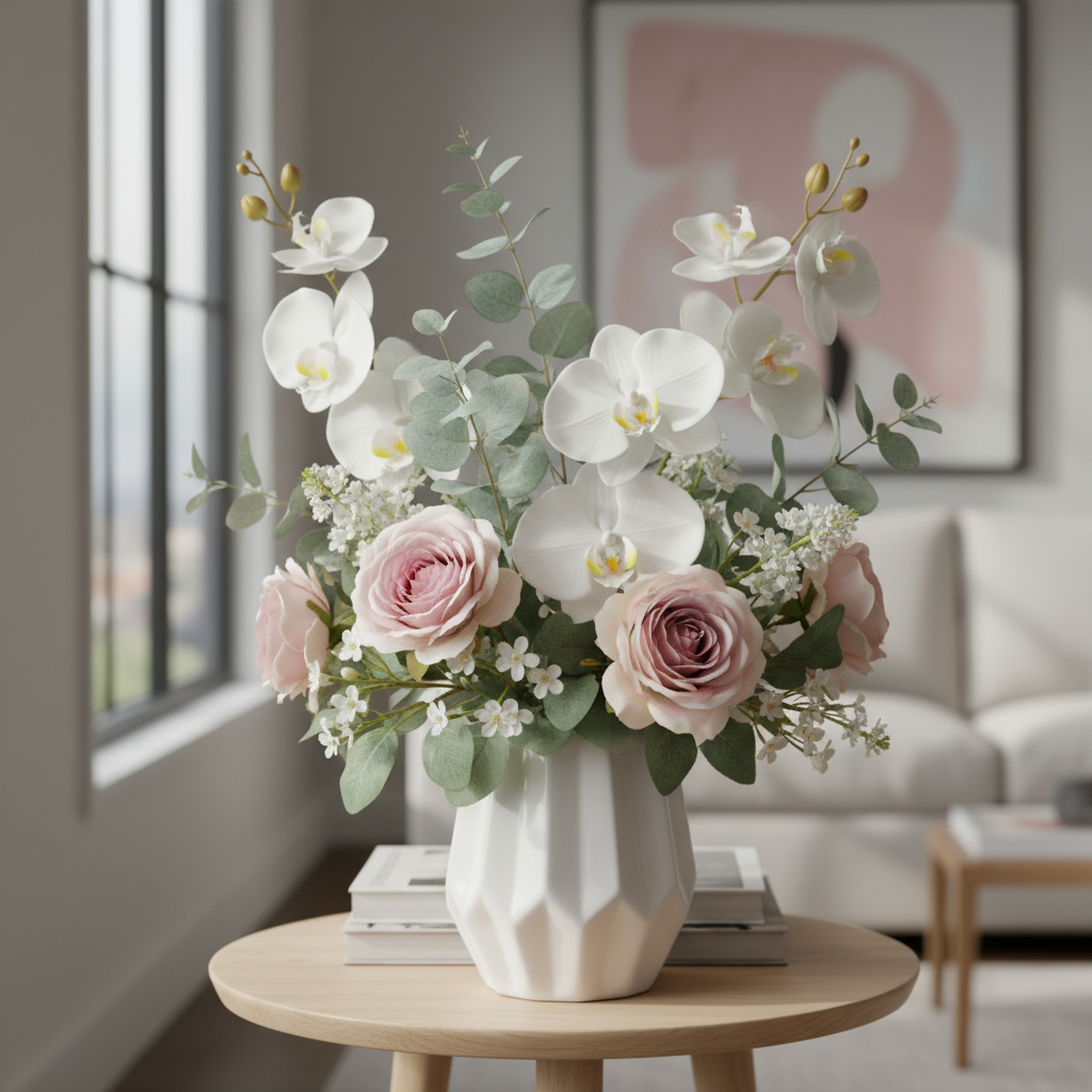 Realistic artificial floral arrangement in a modern vase