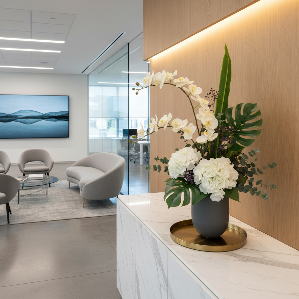 Stylish artificial flower arrangement in an office reception area